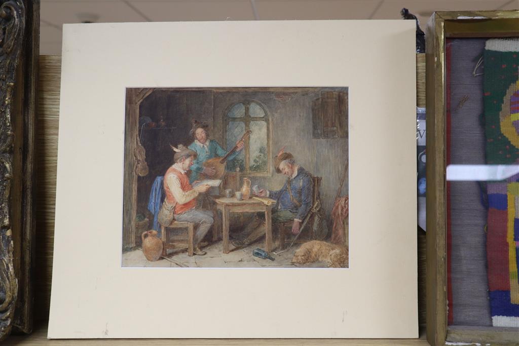 Attributed to John Massey Wright, watercolour, 17th century Tavern interior, 21.5 x 27cm, unframed